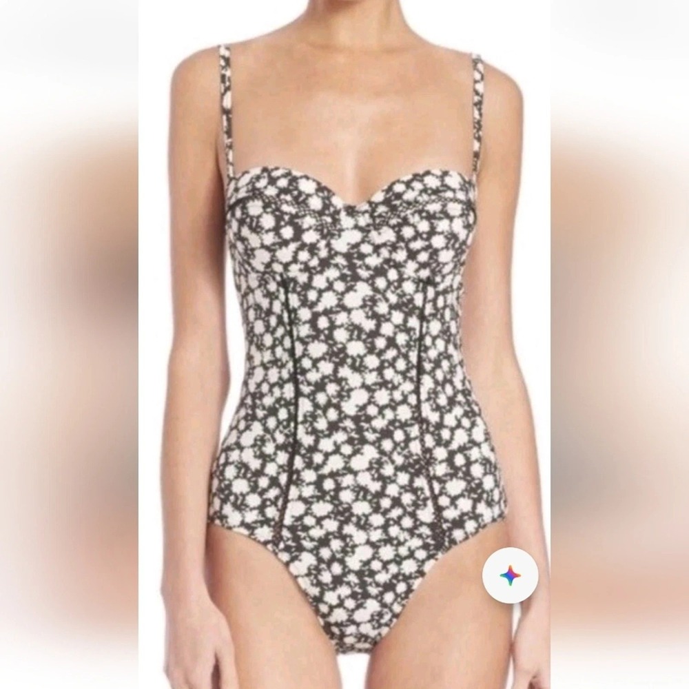 Tory Burch Floral One-Piece Black Cream Floral Swimsuit Sz M **No Straps**